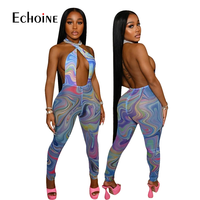 

Echoine Women Sexy Print Halter Jumpsuit Skinny Fitness Rompers Beach Club Sleeveless Elastic Workout Playsuit One Piece Outfit