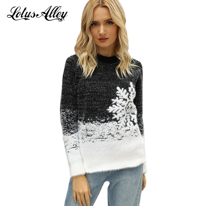 

2021 Winter Knit Sweater Women Snowflake Printed Pullovers Woman Jersey Warm Fleece Coat Ladies Knitted Top Christmas Sweaters