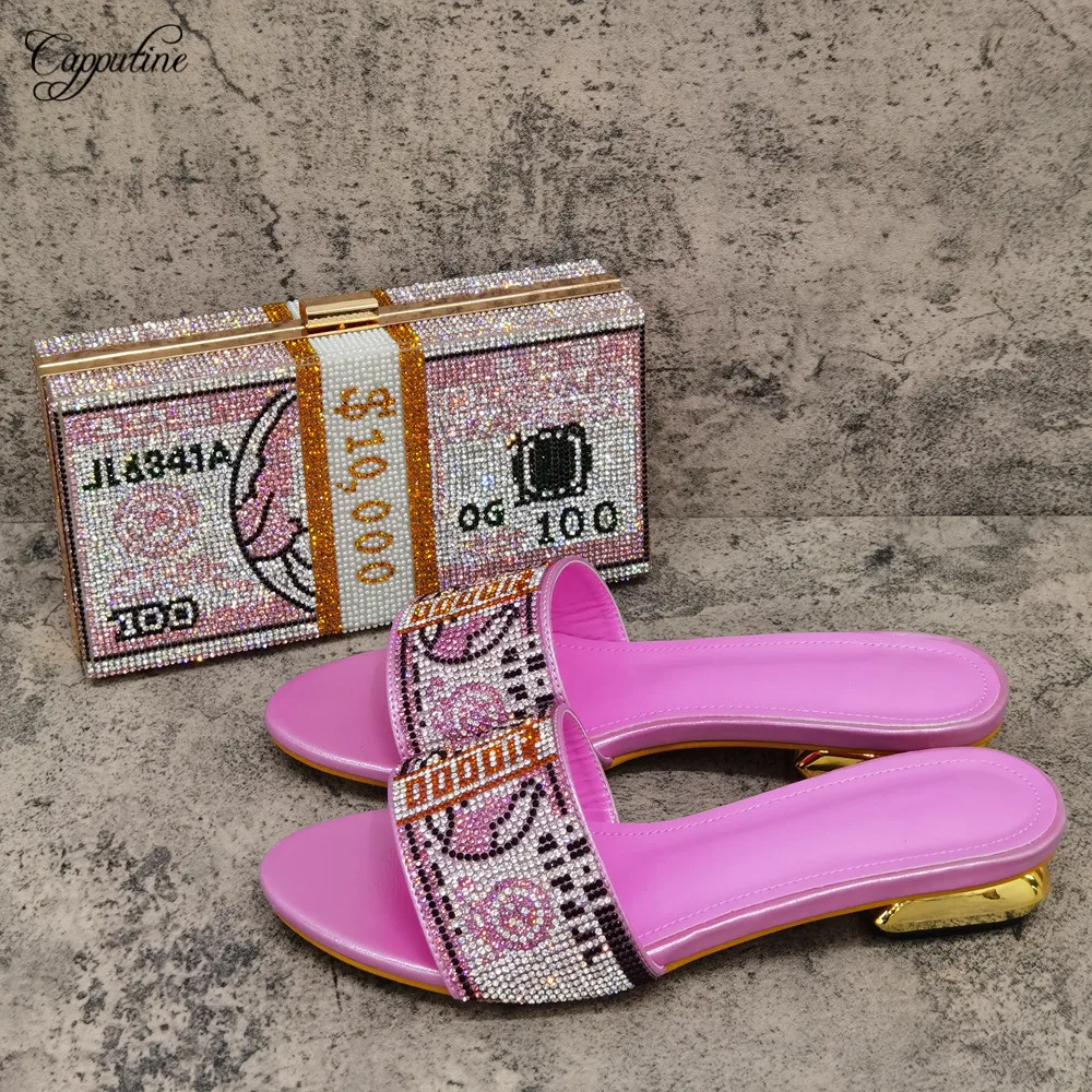 

Pink Women Lower Heel Slippers With Purse Bag Set African summer Ladies Shoes And Clutch Handbag Pantoufle Femme CR663 2.3CM