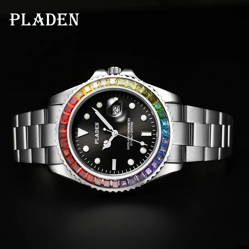 

PLADEN Mens Watches Rainbow-Colored Gem Bezel Luxury Japan Quartz Movt Sapphire Fashion Timekeeper Luminous Calendar saat Erkek