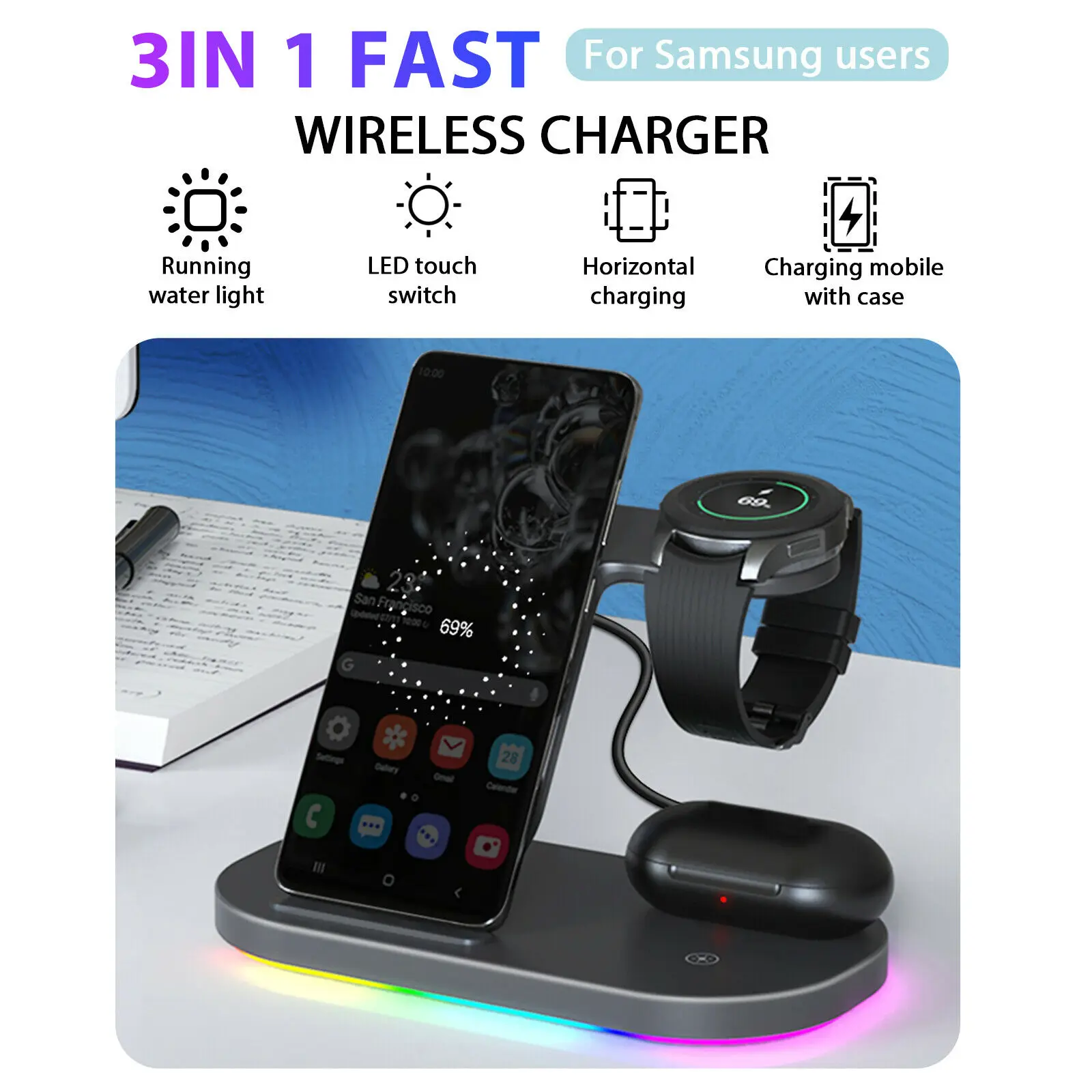 Беспроводная зарядная станция 3 в 1 док подставка для Samsung Watch Qi Быстрое