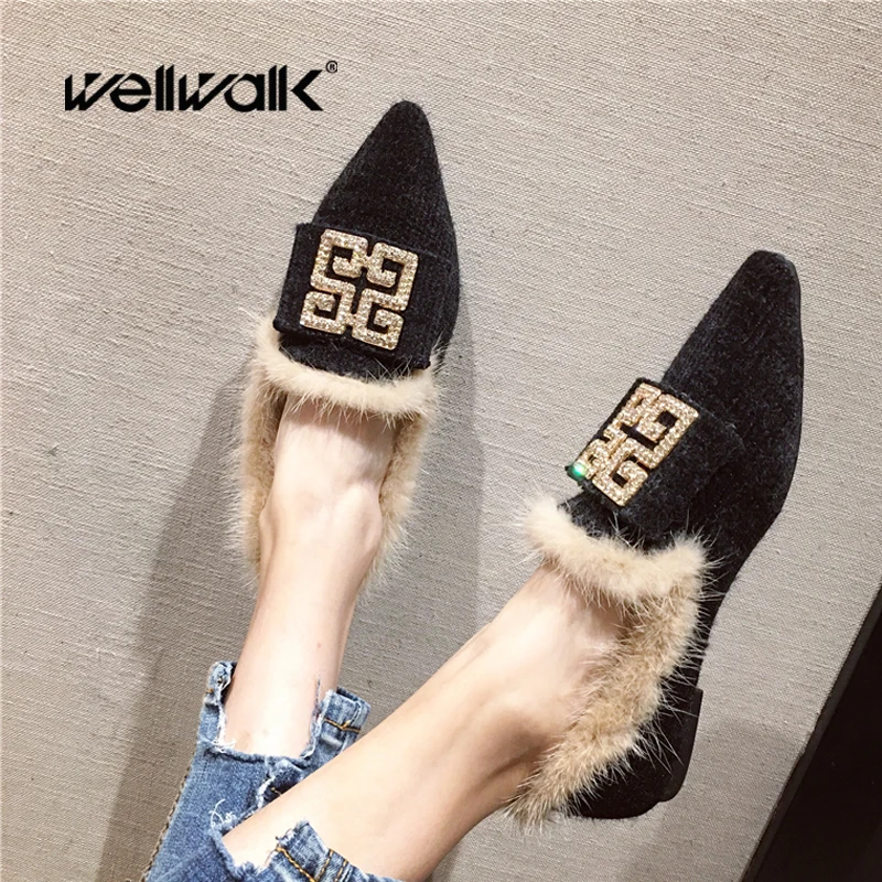 

Fur Flat Shoes Women Winter Moccasins Brand G Buckle Pointed Toe Female Chic Furry Loafers Ladies Slip On Fashion Ballet Flats