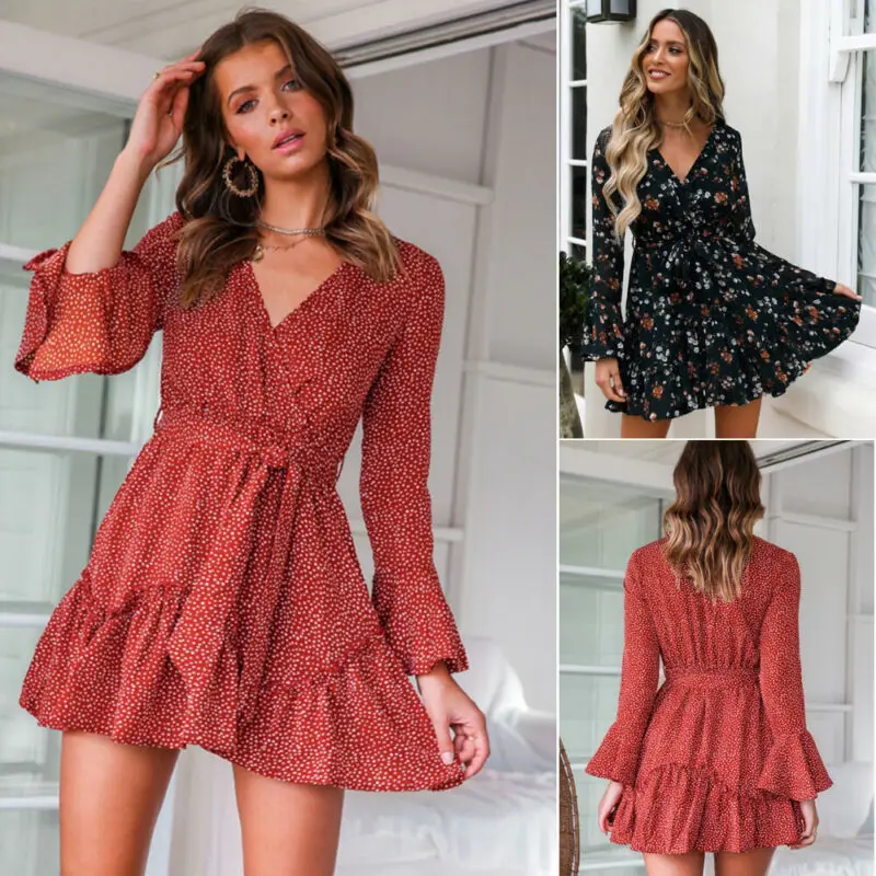 

Women Boho Floral V neck Short Sleeve Sexy Mini Dress Woman Summer Beach Party Holiday Ladies Sundress Female Vestidos