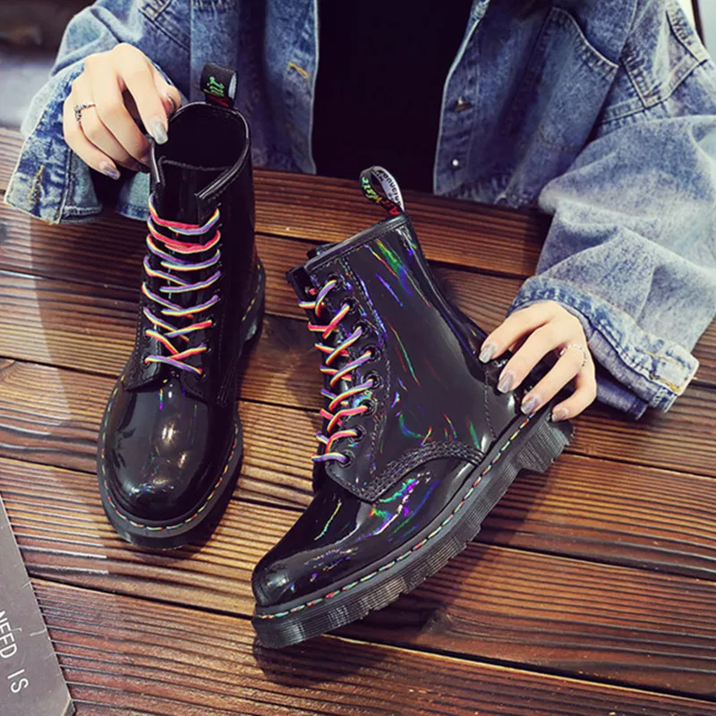 

Fashion Spring New Martin Boots Rainbow Patent Leather Mirror Gradient Short Boots Laser Low Heel Large Size Women Boots