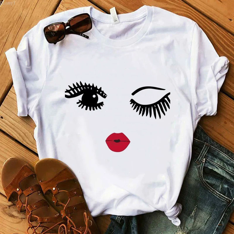 

Vogue Makeup Art Eyelashes Red Lips Print T Shirt Women y2k top Kawaii Tumblr Tshirt Streetwear Hipster Summer Top Woman Clothes