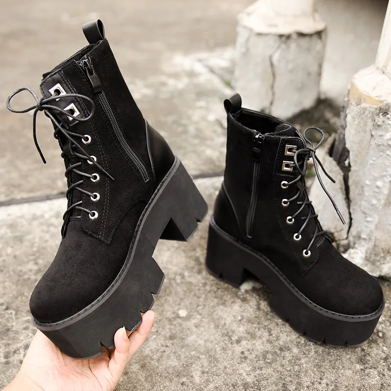 

Punk Gothic Platform Combat Boots for Women Faux Suede Lace Up Block High Heels Black Goth Winter Shoes Ankle Boots 2019