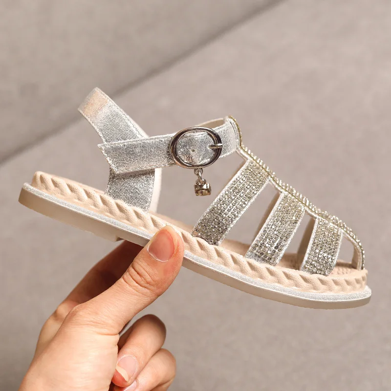 Летние детские сандалии принцессы пляжные со стразами для маленьких девочек