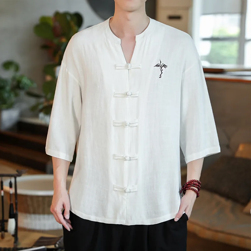 

Summer Linen V-neck Shirt Men's Hanfu, Chinese Style Disc Button Cotton and Linen Casual Shirt with Three-quarter Sleeves