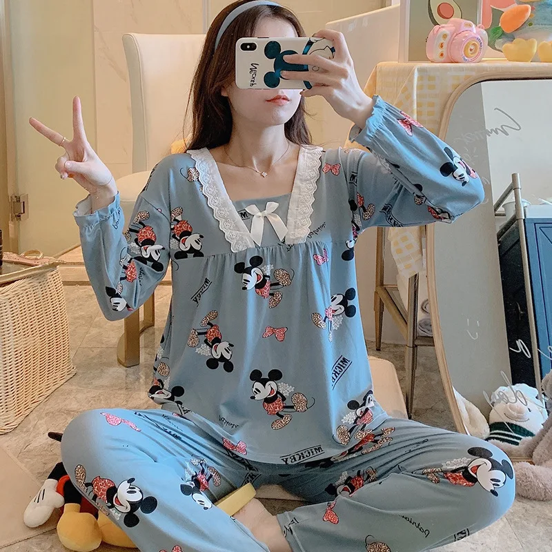 

Disney Minnie Mickey Mouse long-sleeved pajamas ladies spring and autumn lace princess style student home service suit