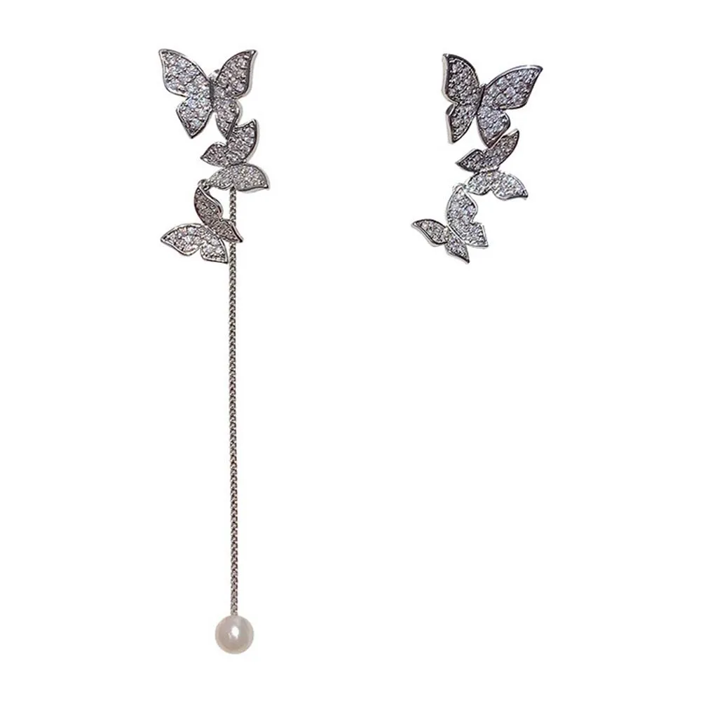 Асимметричные серьги с кристаллами-бабочками простые милые корейские женские