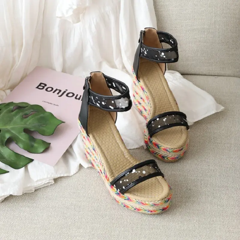 

ZawsThia mesh net polka dot beach colorful handmade hemp weaved bohemian platform wedges high heels sandals women big size 33-47