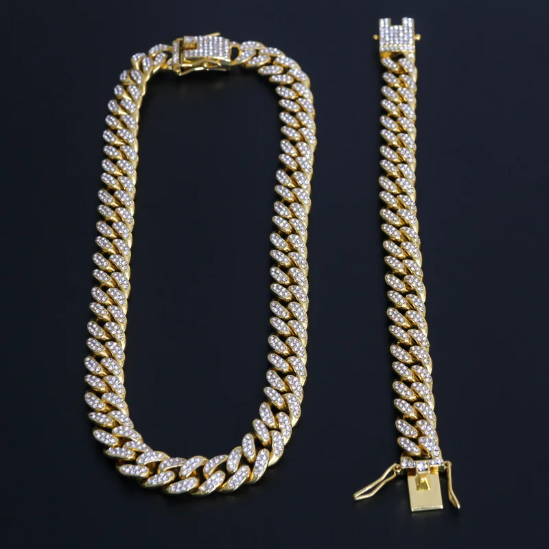 

Gold Necklace +Watch+Bracelet Hip Hop Miami Cuban Chain Iced Out Paved Rhinestones CZ Bling Rapper For Men Jewelry New