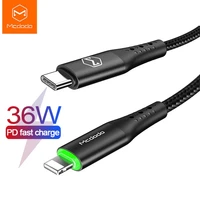 mcdodo 36w usb type c pd auto disconnect cable for iphone lightning 12 11 pro max x xr xs max 8 fast charge usb c led data cable