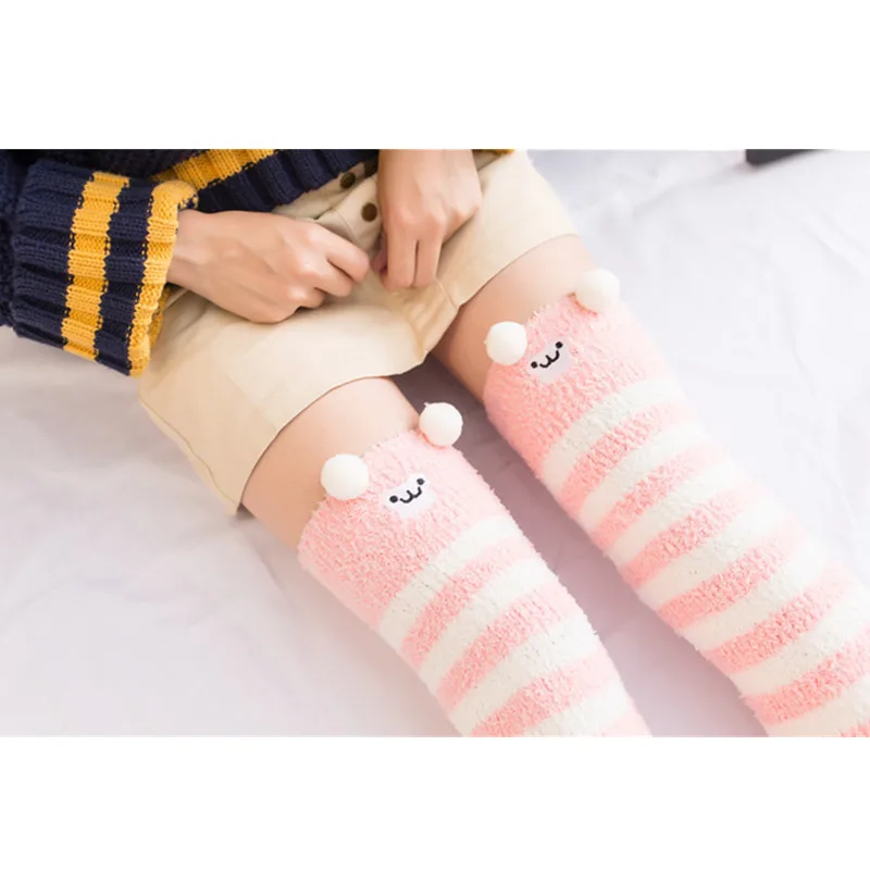 Women Cartoon Coral Velvet Knee Socks Lady Lovely Warm Comfortable Thick Long Socks Winter Cute Striped Christmas Stockings