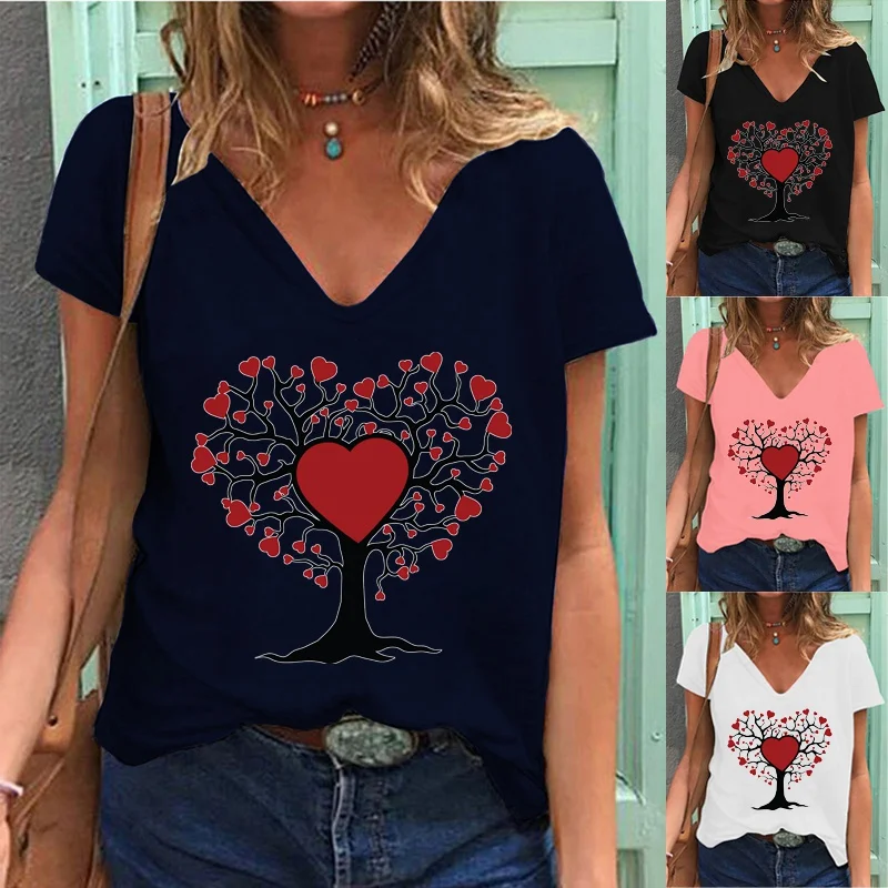 

Arrival Women Summer Fashion Red Heart Tree Printed Short Sleeve V-Neck T-shirt Casual Graphic Shirt Loose Plus Size Blouse Tops