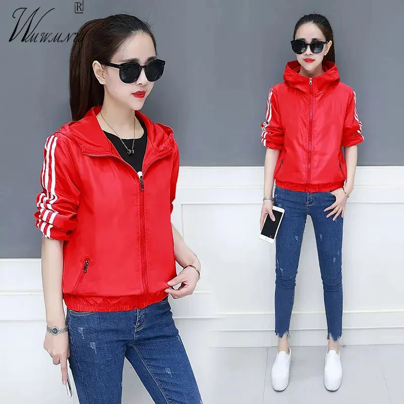 

Куртка женская с капюшоном, Повседневная Свободная короткая верхняя одежда на молнии, в полоску сбоку, топ в стиле оверсайз, одежда для защи...