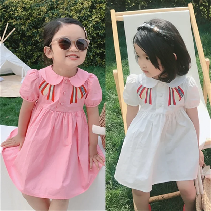 Girl Doll Collar College Dress Princess 2019 Summer Short Sleeve Bowtie Pattern Dresses Children Puff Causal Kids | Детская одежда и