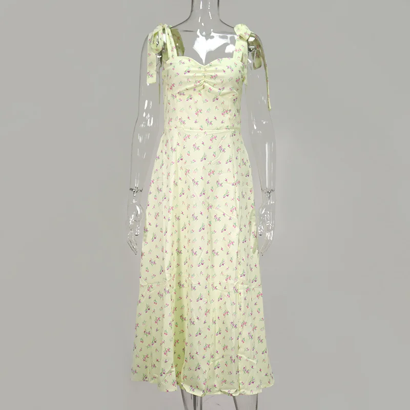 

Yellow Print Dress Women Sexy Side Split Floral Ladies Dress Summer Sleeveless Tie Up Bow Strap Elegant Midi Dresses Casual