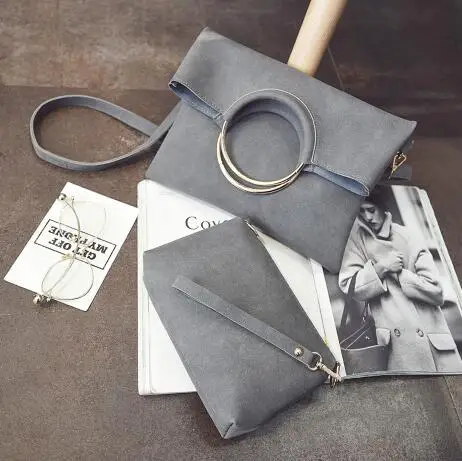 Fashion new 2 pcs Women Handbags High-quality Matte PU Leather Women bag Open Metal Ring Envelopes Portable Shoulder bag - Цвет: Gray