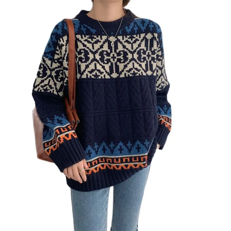 

All-match lazy knit sweater 2021 autumn and winter new loose ethnic style pullover thick sweater Korean fashion women's clothing