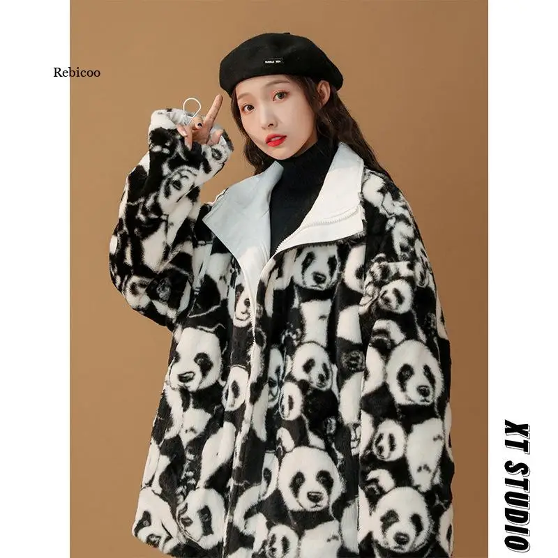 

Korean Winter New Harajuku Lazy BF Style Coat Cute Cartoons Printing Full Sleeve Jacket Lambswool Keep Warm Zipper Outerwear