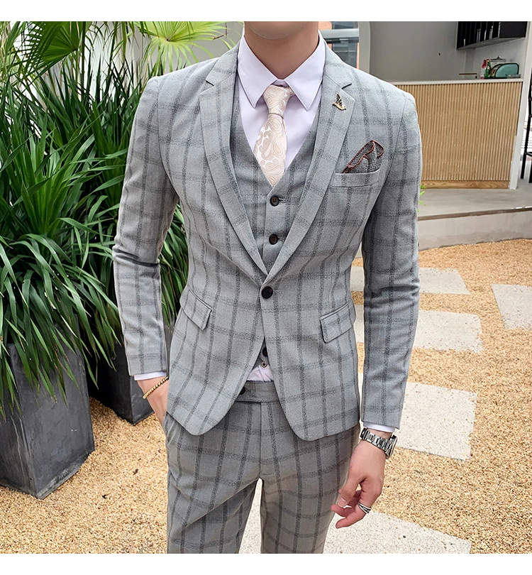 Элегантный Черный, серый цвет Клетчатый костюм «Человек Осень Slim Fit Мужские свадебные костюмы костюм 3 предмета Homme костюмы для торжественных случаев для Для мужчин Q176