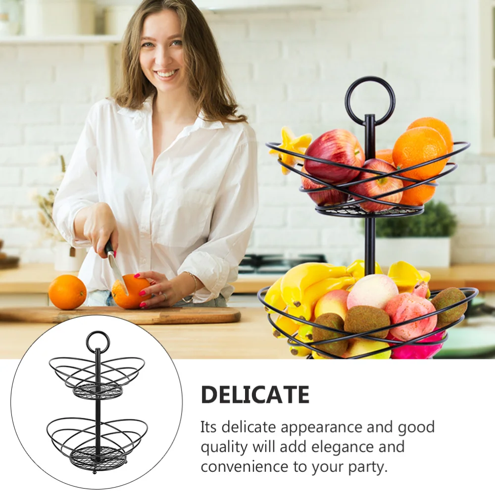 

1Pc Iron Art Storage Basket 2-tier Bread Snack Cookie Storage Holder Black