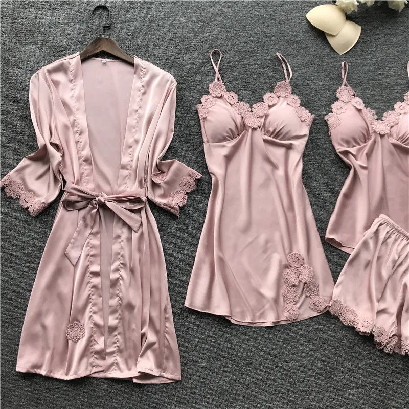 4 Pcs Women Kimono Bathrobe Gown Sleepwear Set Silk Satin Short Dressing Gowns Lace Sexy Robe Nightdress With Chest Pad Pajamas
