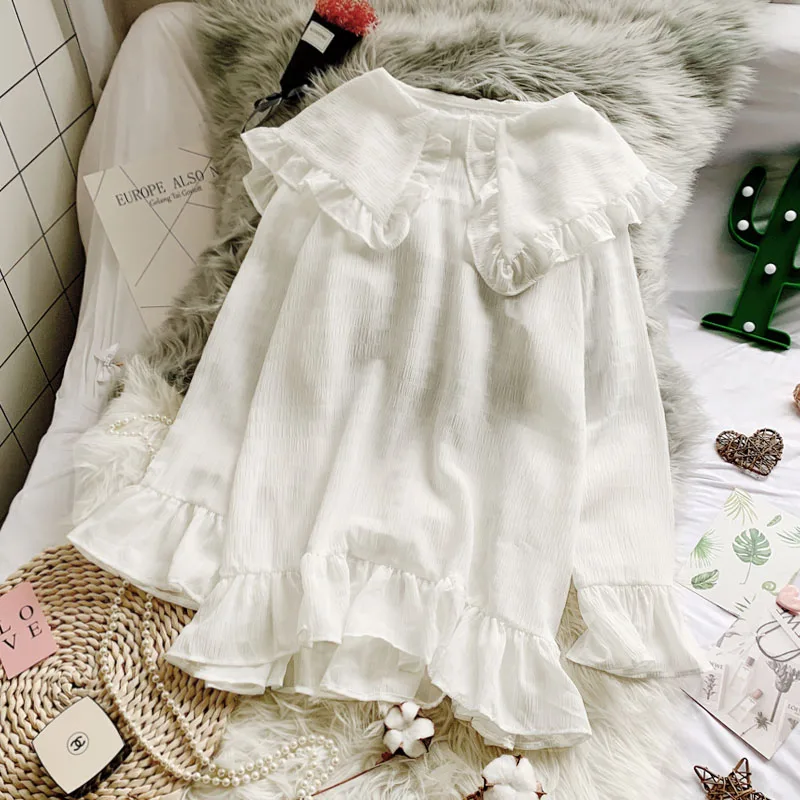 2019 new fashion women's Chiffon shirt white women blouses clothes Peter pan Collar |