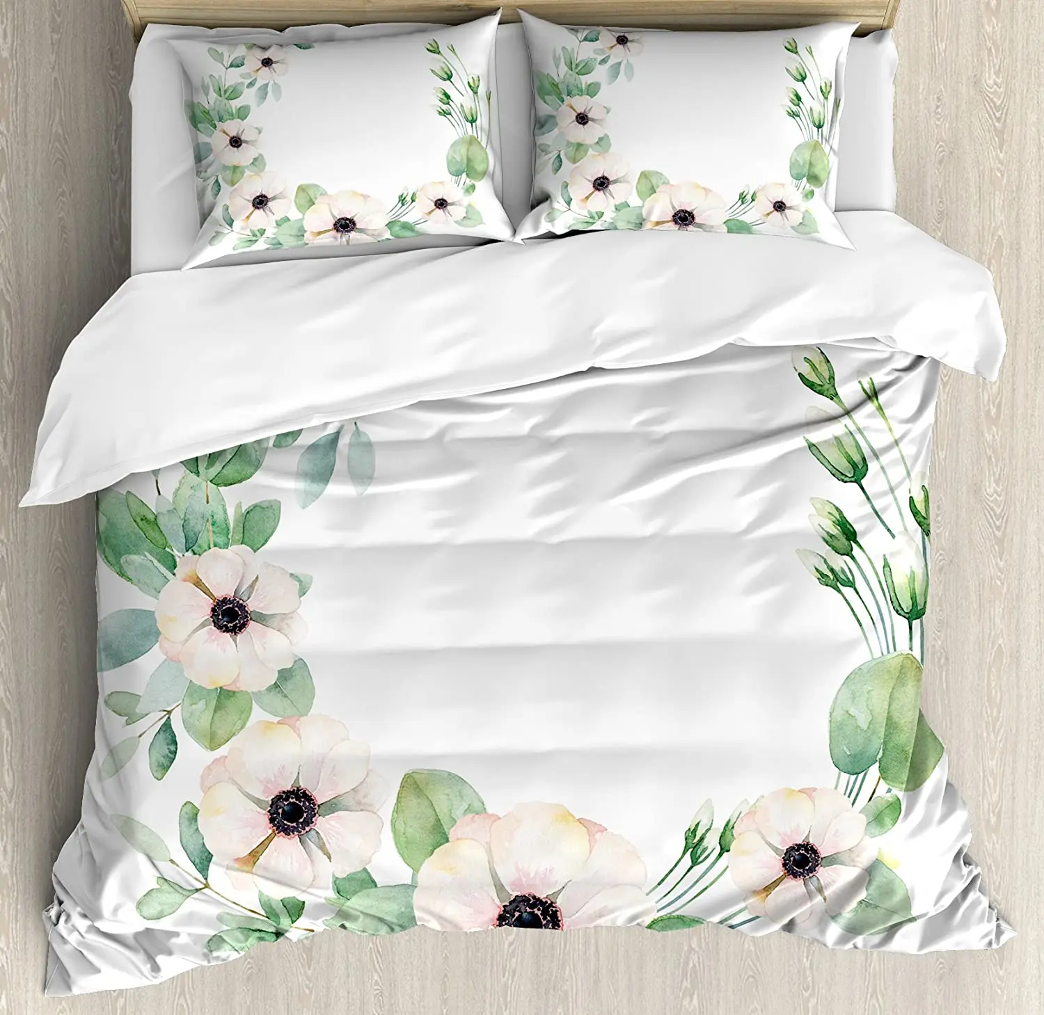

Anemone Flower Duvet Cover Set Pillowcase Round Composition with Flourishing Fresh Bedding Plants and Stems Bedding Set for Home