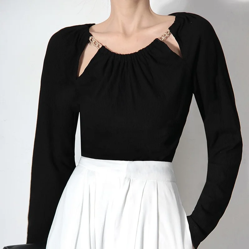 

White Sexy Long Sleeve Harajuku T-shirt Korean Fashion Chain Hollow Out Slim T-shirts Elegant Chic Women's Tops Lady Streetwears