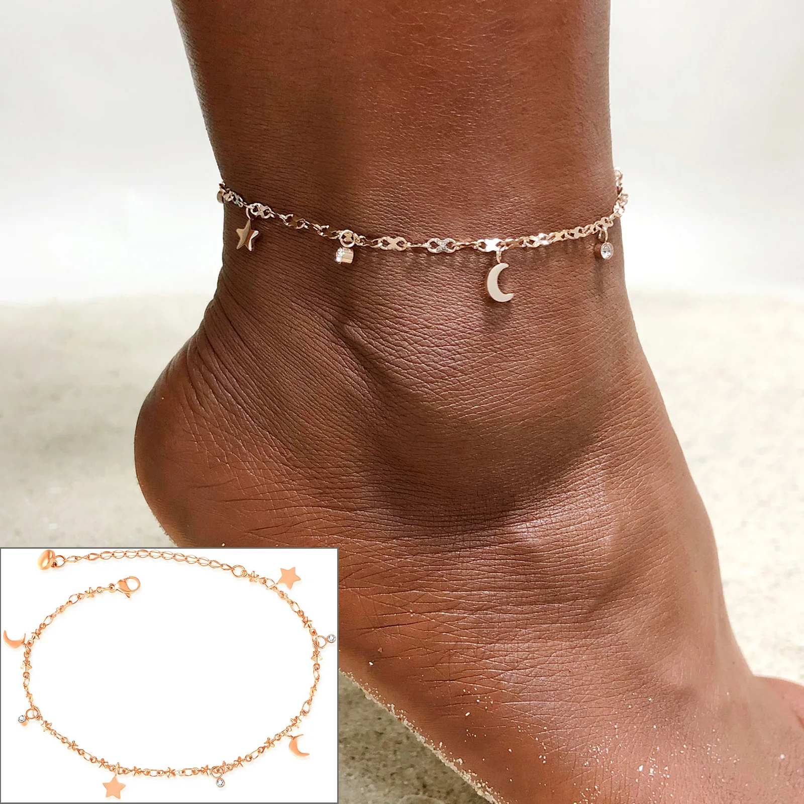 

Charm Women Anklets Moon Stars Cubic Zirconia Anklet Bracelet Stainless Steel Leg Foot Chains Wholesale Jewelry