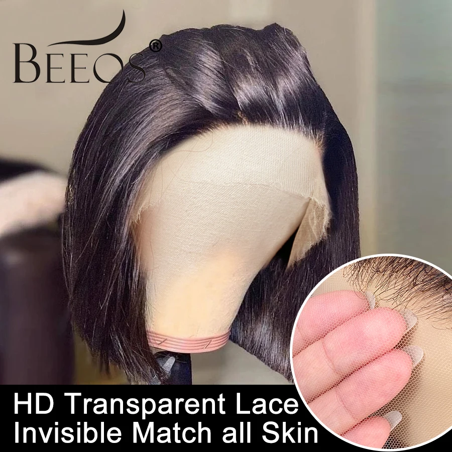 

Парик Beeos 180% 13*4 HD на сетке спереди, прямые человеческие волосы, парик Боб черного цвета, парики из человеческих волос, предварительно выщипан...