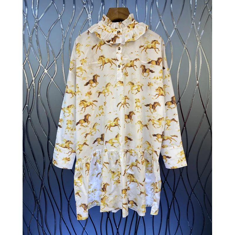 

Horse Print Women Frill Trim Collar Shirt Dress Ladies 2021 New Long-Sleeves Ruffles Loose Short Dresses With Buttons