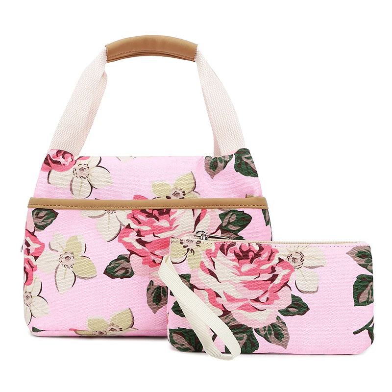 Ladies Canvas Backpack Floral Print 3pcs Set Outdoor Female Middle School Student Bag USB Computer Bag Meal Bag Pencil Bag 2021