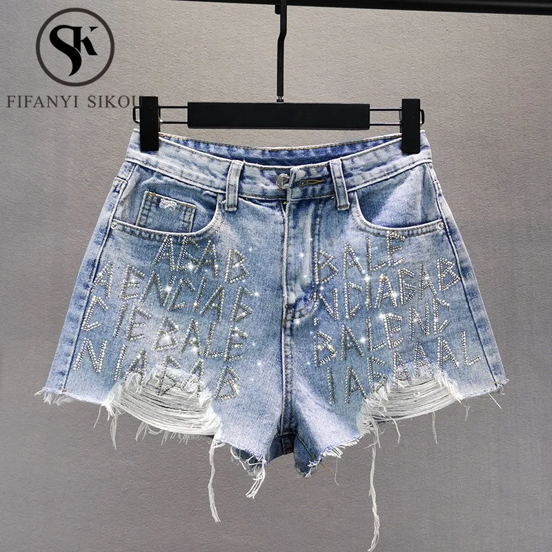 2020 Summer Women Denim Shorts Fashion Diamonds Letter High waist Jeans Shorts Female Loose Casual Wide leg Short Pants Jeans