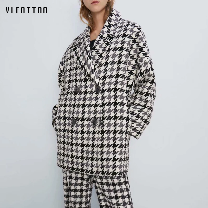 Женский твидовый Блейзер винтажный клетчатый длинный пиджак с карманами офисный Осень зима|Женские