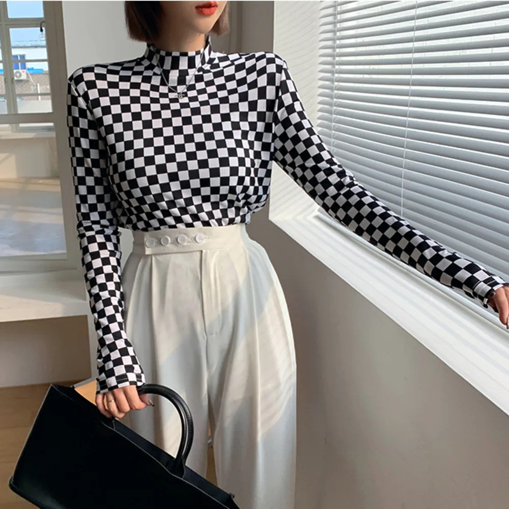 Черно-белая клетчатая женская футболка с длинным рукавом Новинка осени 2021