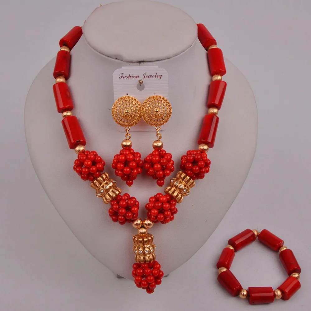 Модный красный коралловый ювелирный набор Африканские свадебные бусы