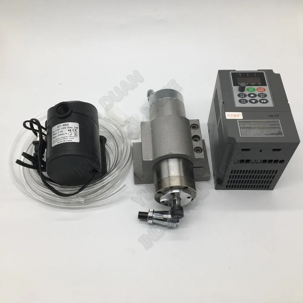 

800W 24000RPM 65MM ER11 Water Cooled 4Bearings AC Spindle Motor+ 1.5KW 1PH 220V VFD for CNC Engraving Carving Router Woodworking