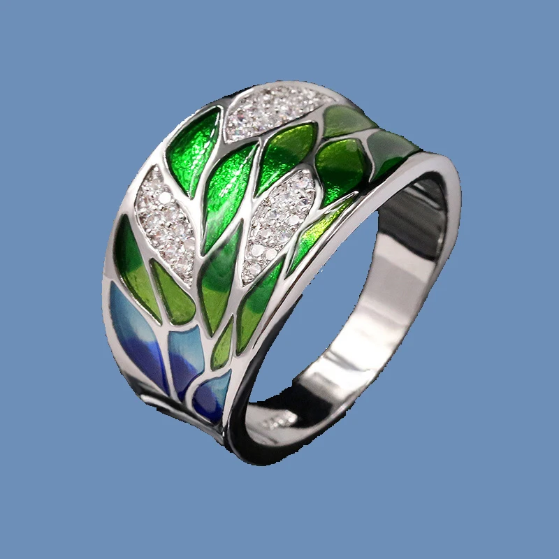 Elegancki styl boho 925 srebrny zielony liść emalia pierścionek damski cyrkon inkrustowane obrączka biżuteria kwiatowy pierścień dla kobiet