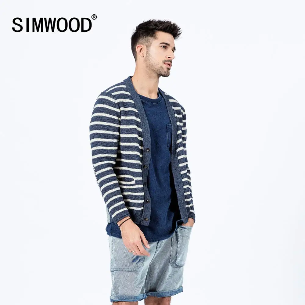 SIMWOOD 2021 Весна Новый 100% хлопок полосатый кардиган для мужчин сзади деним пэчворк
