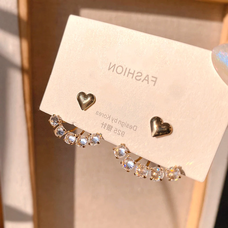 

Korean Fashion Fine Heart Earrings for Women Girl Rear Hanging Type Temperament Jewelry AAA Zircon S925 Needle Stud Ins Hot Gift