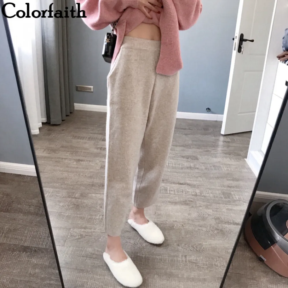 Colorfaith/Новинка 2021 года Сезон зима весна Женские брюки Вязаные шерстяные с высокой