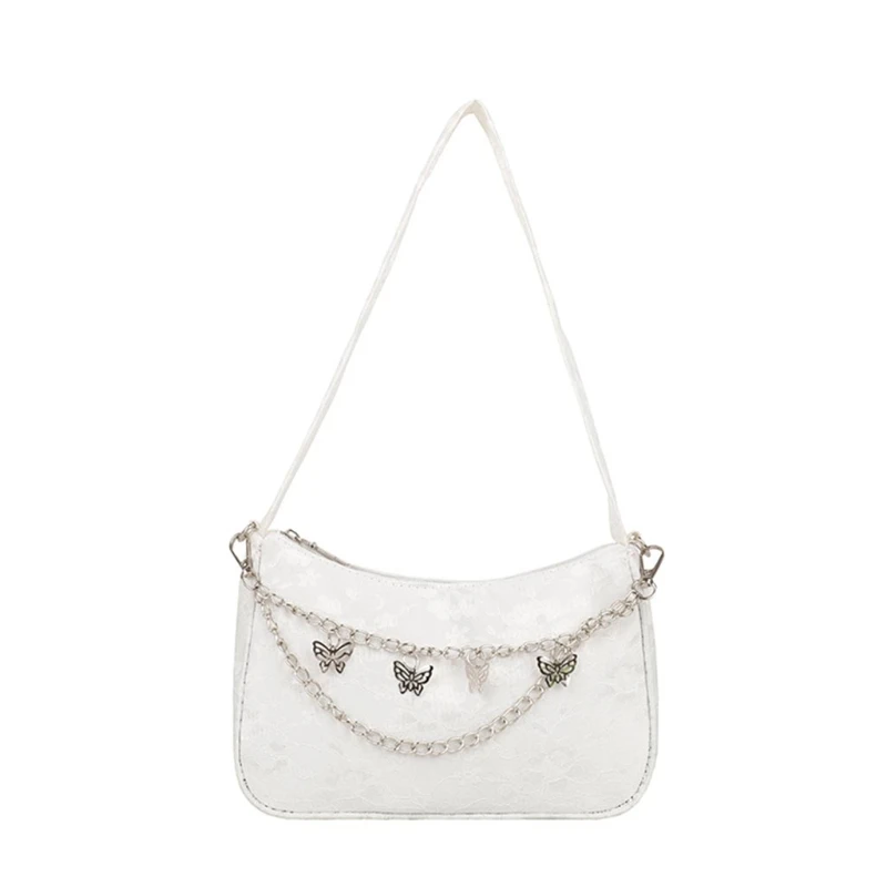 

D0UD Fashion Women Handbag Nylon Shoulder Bags Lace Butterfly Clutch Bag with Chain Armpit Bag Retro Zipper Underarm Bags