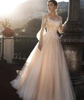 a line o neck lantern sleeve lace appliques sequined button tulle floor length sweep train bride gown 2021wedding dress