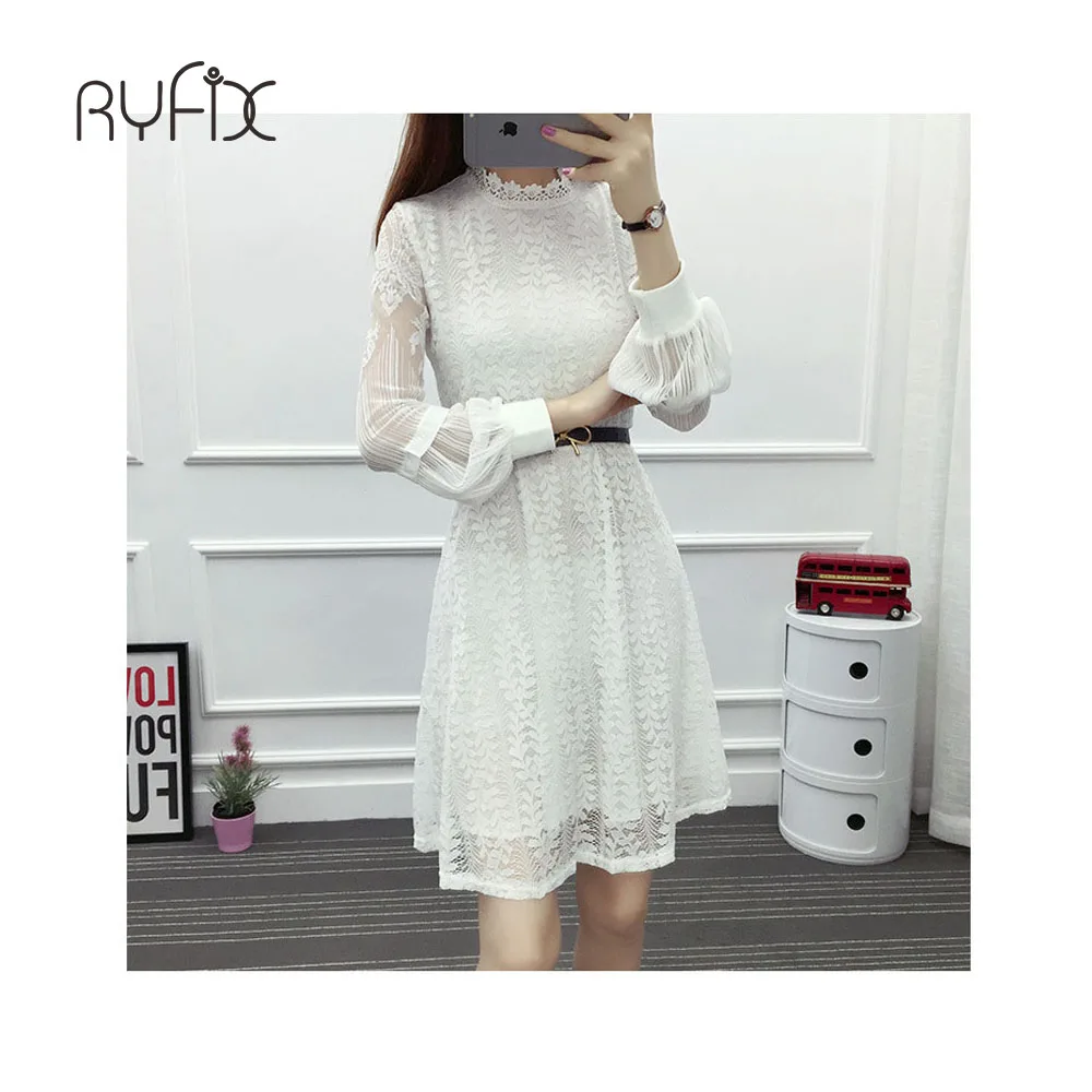 Hollow Out White Dress Sexy Women Mid Chiffon Criss Cross Lantern sleeve O-Neck Long Sleeve Crochet Lace Black BG66 | Женская одежда