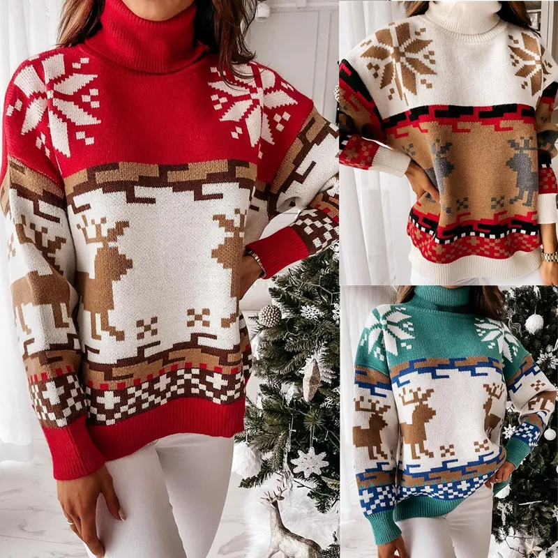 

Winter Christmas Sweater Turtleneck Elk Christmas Jacquard Knitted Sweaters Full Sleeves Casual Cropped Sweater Lugentolo