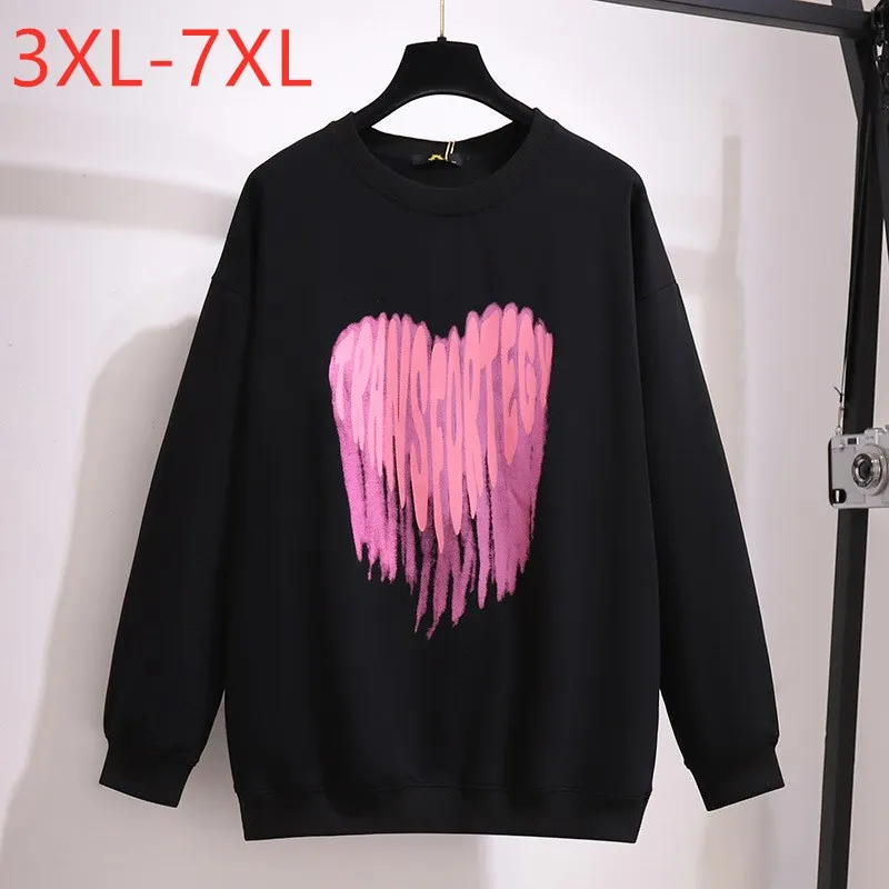 

Новинка, женская одежда для весны и осени, Большой пуловер с длинным рукавом, черный хлопковый свитшот с принтом, топы 3XL, 4XL, 5XL, 6XL, 7XL