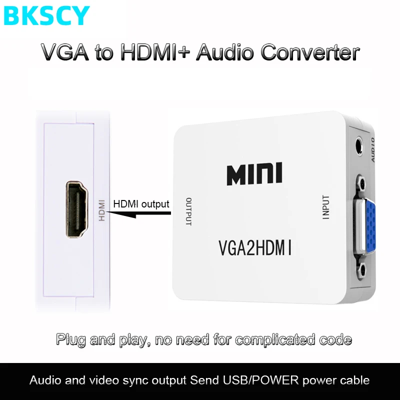 BKSCY VGA в HDMI конвертер Mini 1080P VGA2HDMI конвертер с аудио для ПК ноутбука к HDTV проектору